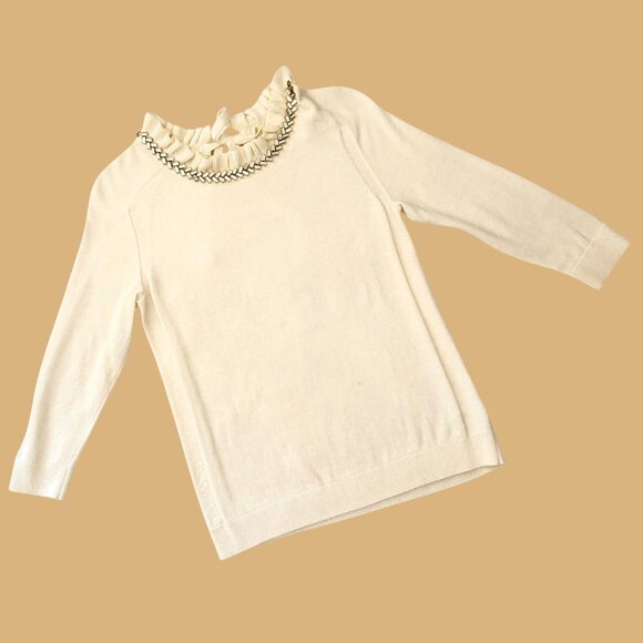 RSVP by Talbots Sweater Size SP Cream Ruffle Neck Jeweled Trim Bow Back Elegant - Picture 2 of 13